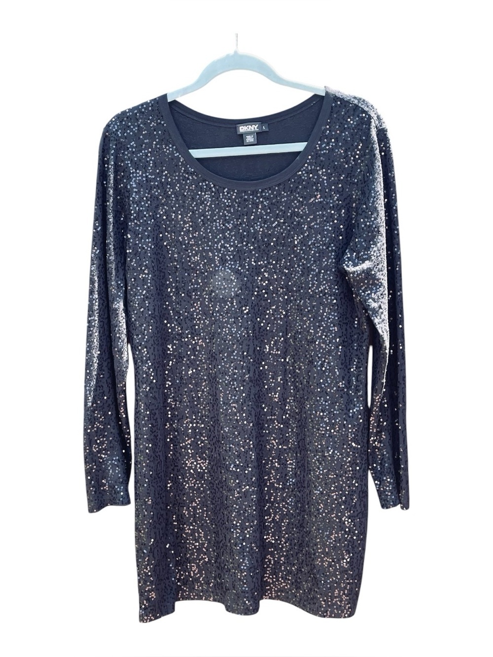 Women’s DKNY Black Sequin Long Sleeve MINI Dress size Large - Picture 2 of 7
